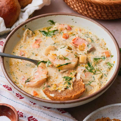Traditional Bosnian fish soup served at Kašika Viljuška Nož in Sarajevo